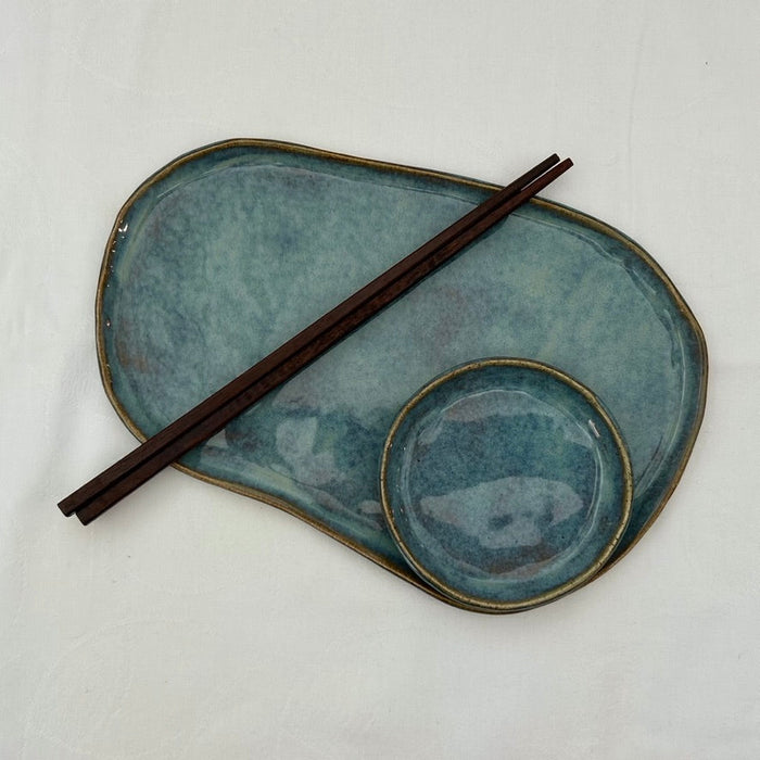 Handmade Ceramic Free Form Plate and Dipping Sauce Set - Dusty Blue