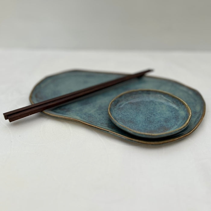 Handmade Ceramic Free Form Plate and Dipping Sauce Set - Dusty Blue