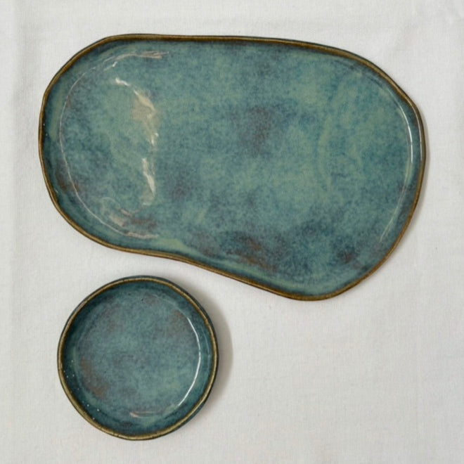 Handmade Ceramic Free Form Plate and Dipping Sauce Set - Dusty Blue