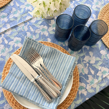 Blue and green botanical block printed tablecloth for spring summer tablescape
