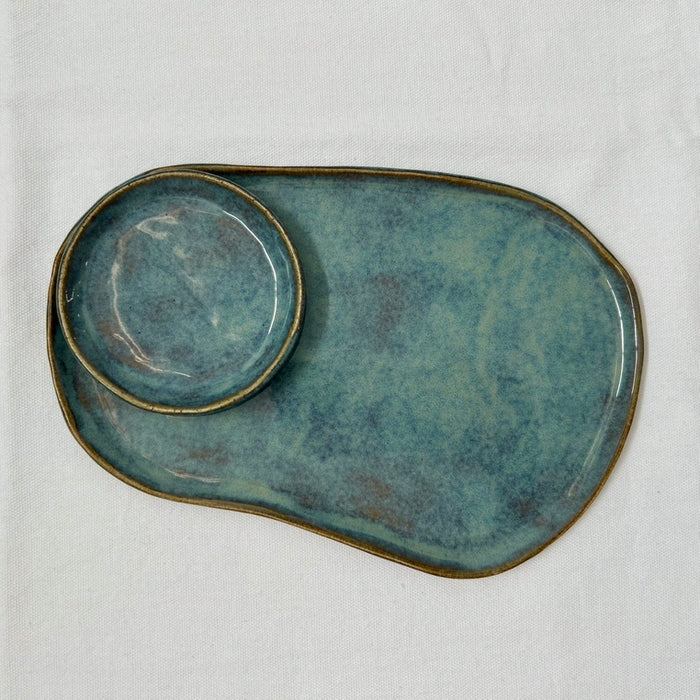 Handmade Ceramic Free Form Plate and Dipping Sauce Set - Dusty Blue