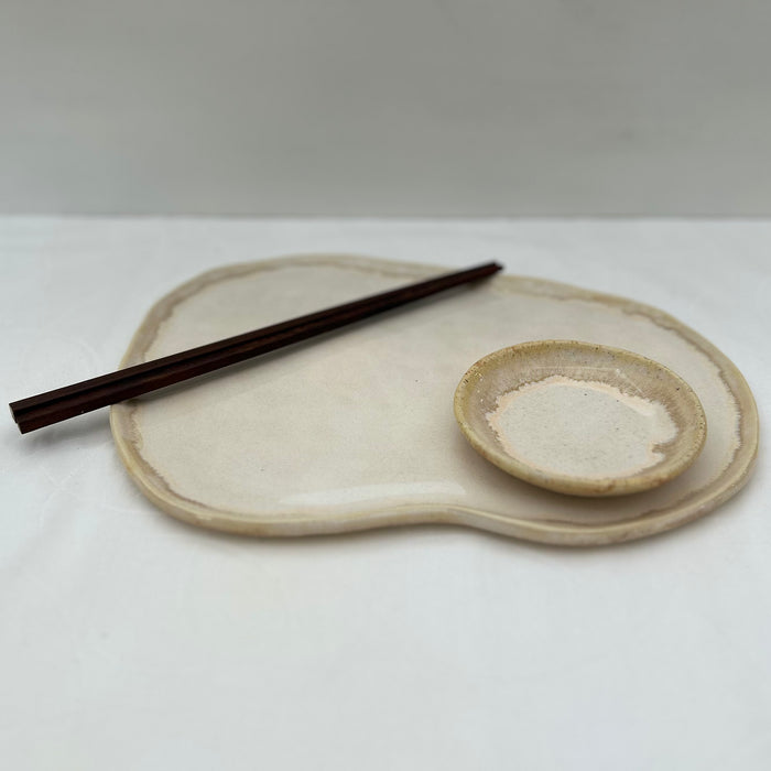 Handmade Ceramic Free Form Plate and Dipping Sauce Set - Sandy Beige