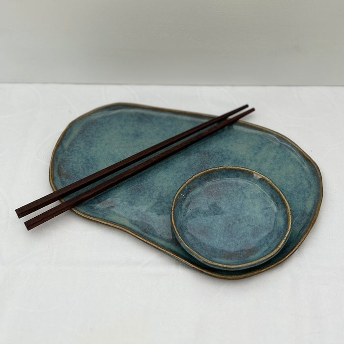 Handmade Ceramic Free Form Plate and Dipping Sauce Set - Dusty Blue