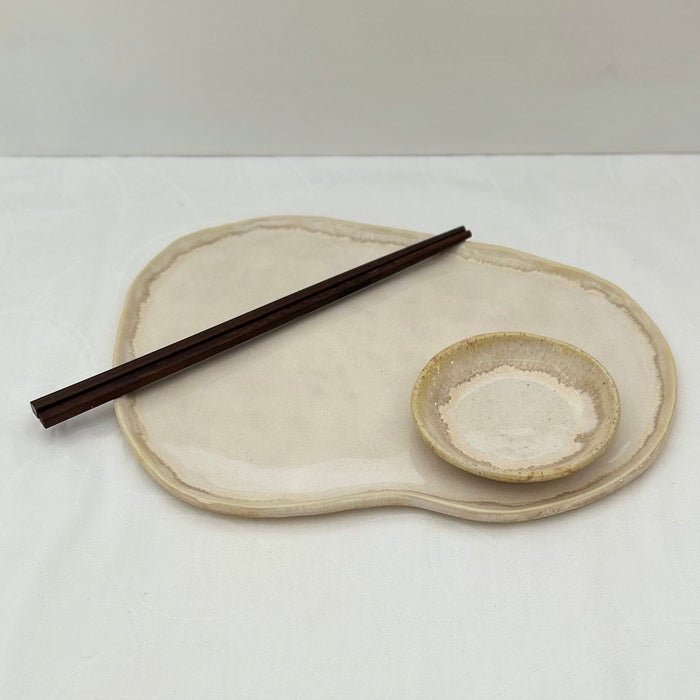 Handmade Ceramic Free Form Plate and Dipping Sauce Set - Sandy Beige