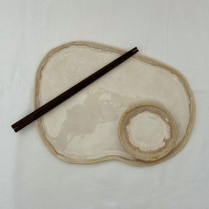 Handmade Ceramic Free Form Plate and Dipping Sauce Set - Sandy Beige