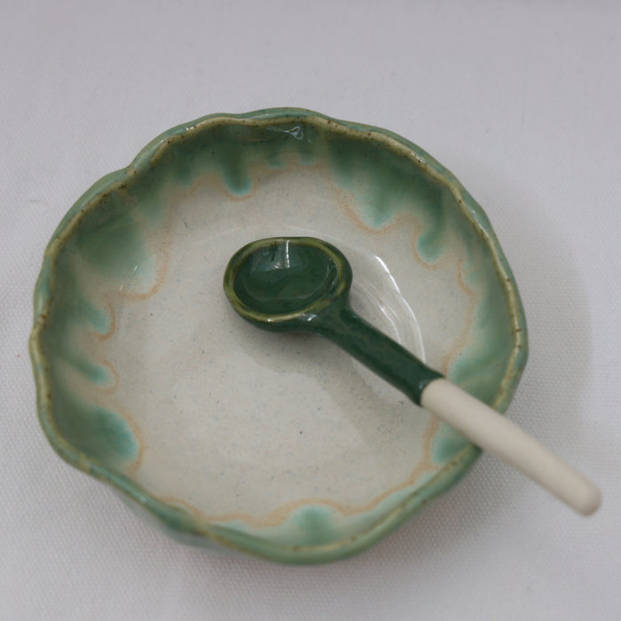 Dip Bowl & Spoon - Green Rim