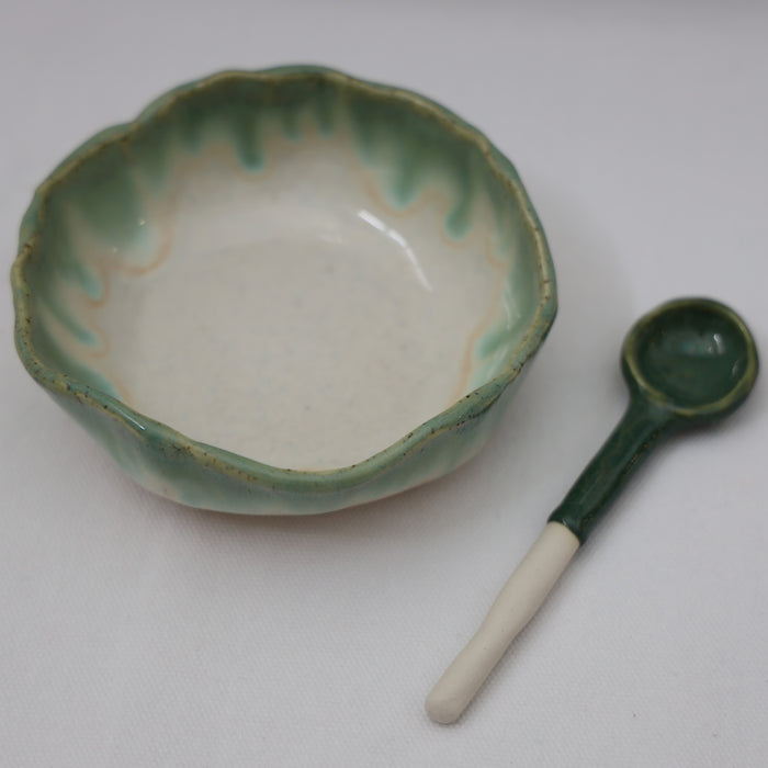 Dip Bowl & Spoon - Green Rim