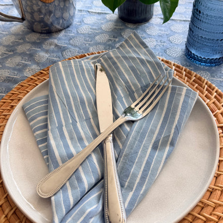 Two tone pale blue and white stripe napkin perfect for summer entertaining