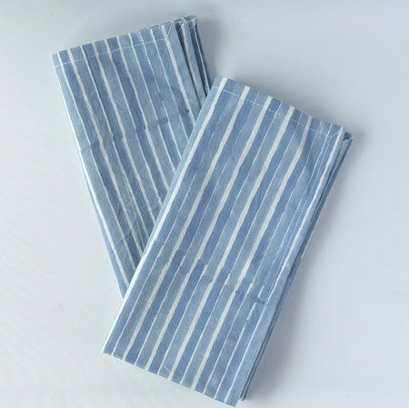 Soft blue and white stripe block printed napkins. Ideal for your summer tablescape